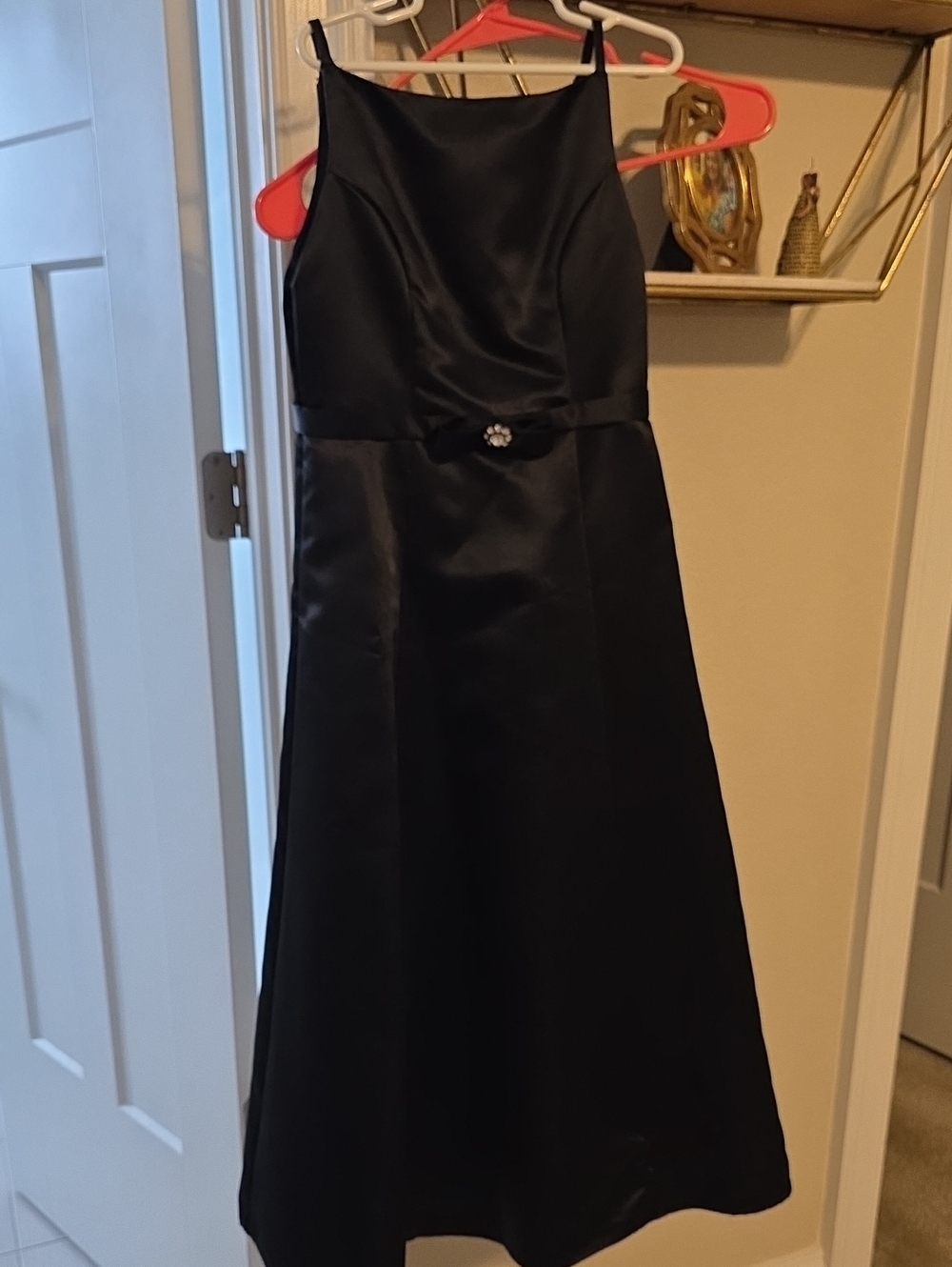 Jessica McClintock Black Satin Girls Formal A-Line Dress with Jewel Accent
